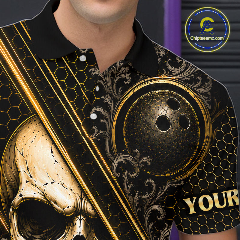 Close-up collar view of custom black & gold skull crown  bowling polo shirt with personalized name detail.