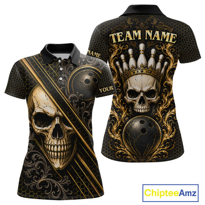 Custom black & gold skull crown bowling polo shirt, front and back views, bowling league jersey for women