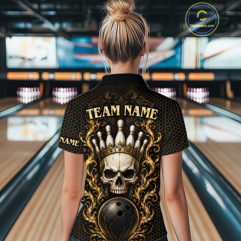 Woman wearing custom black and gold skull crown bowling 1/4 zip shirt, back view mockup, personalized bowling league jersey.