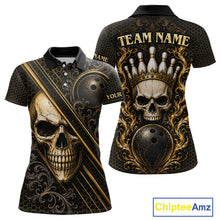 Load image into Gallery viewer, Custom black &amp; gold skull crown bowling polo shirt, front and back views, bowling league jersey for women