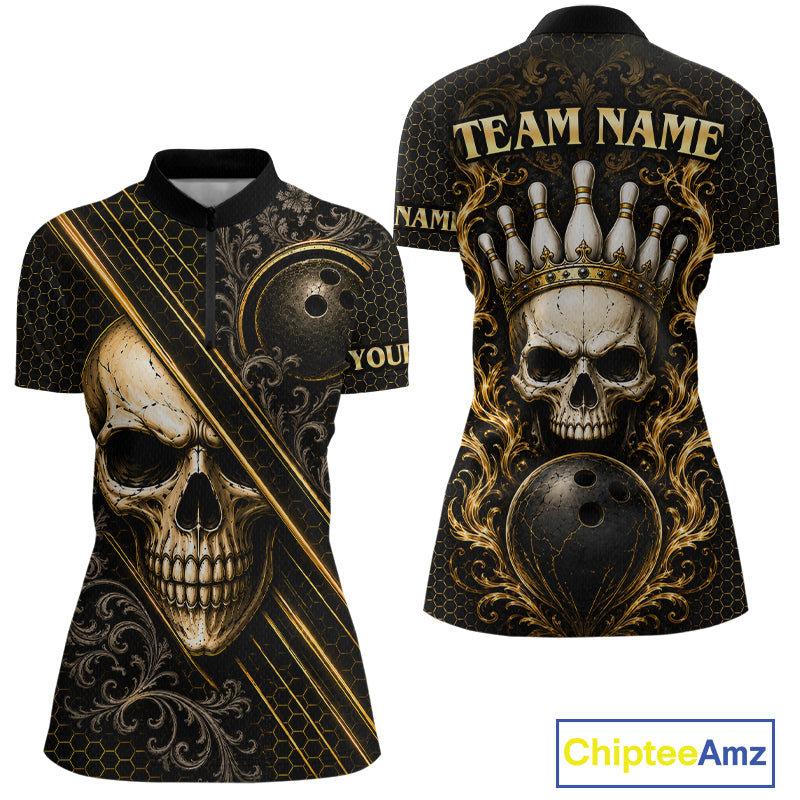 Custom black & gold skull crown bowling quarter-zip shirt, front and back views, bowling league jersey for women