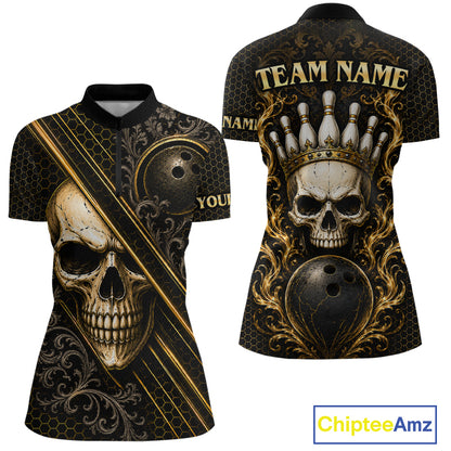Custom black & gold skull crown bowling quarter-zip shirt, front and back views, bowling league jersey for women
