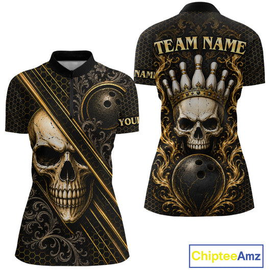 Custom black & gold skull crown bowling quarter-zip shirt, front and back views, bowling league jersey for women