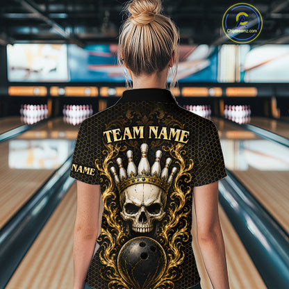 Man wearing custom black & gold skull crown bowling polo shirt, back view mockup, personalized bowling league jersey.