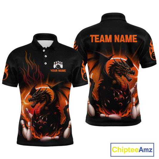 Front and back views of a black short-sleeve polo shirt featuring a fiery dragon graphic in orange, red, and white, with bowling pins and bowling balls. The front includes a white bowling icon and customizable text reading 'YOUR NAME', while the back displays 'TEAM NAME' in orange.