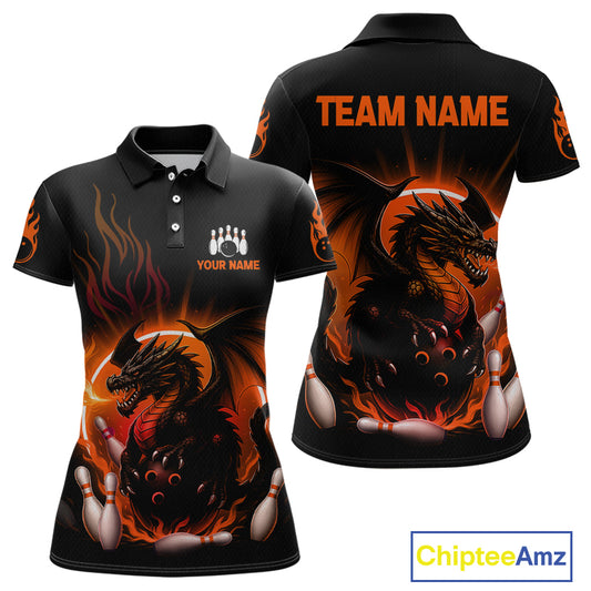 Black short-sleeve polo shirt shown from front and back, featuring a large fiery dragon graphic in orange, red, and white, with customizable text areas on the chest and back reading TEAM NAME and YOUR NAME. A ChipteeAmz logo appears in the bottom right corner.