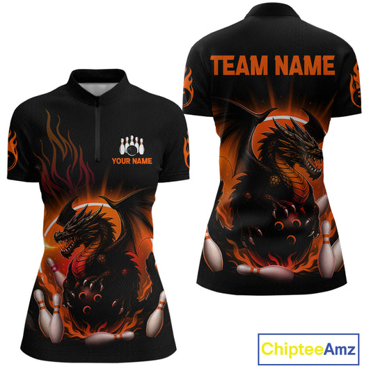Black short-sleeve bowling-themed quarter-zip jersey shown from the front and back, featuring a large black dragon with orange flames and bowling pins. The front has a bowling pins logo, and customizable text reading 'YOUR NAME'; the back has 'TEAM NAME' in orange.