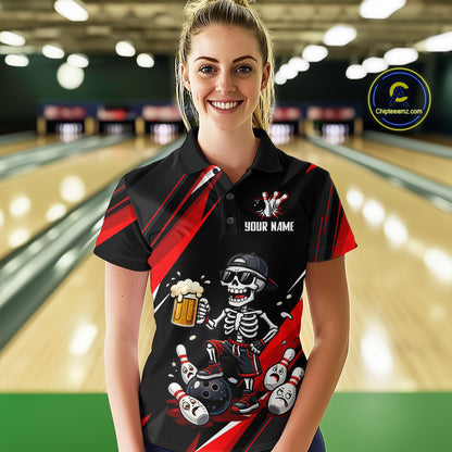 Funny Skeleton & Beer Bowling Shirt Custom Red Bowling Jersey Polo & 1/4 Zip Outfit for Women QZT830