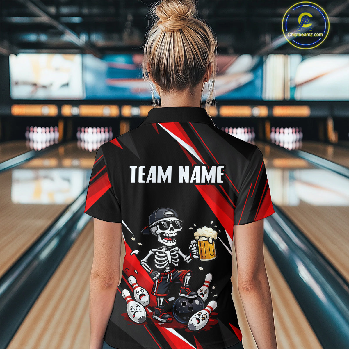 Funny Skeleton & Beer Bowling Shirt Custom Red Bowling Jersey Polo & 1/4 Zip Outfit for Women QZT830
