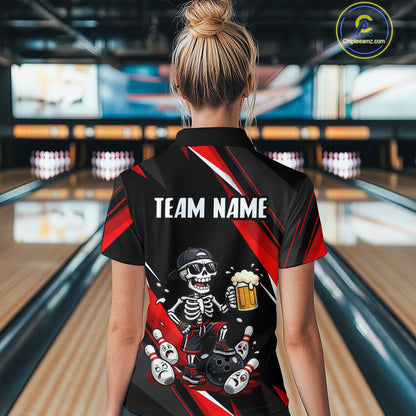 Funny Skeleton & Beer Bowling Shirt Custom Red Bowling Jersey Polo & 1/4 Zip Outfit for Women QZT830