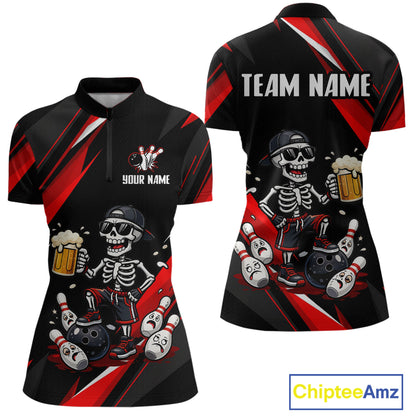 Funny Skeleton & Beer Bowling Shirt Custom Red Bowling Jersey Polo & 1/4 Zip Outfit for Women QZT830