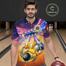 Load image into Gallery viewer, Man wearing a colorful bowling-themed shirt with a duck graphic in a bowling alley.