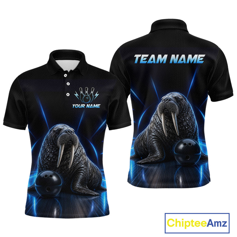 Black polo shirt with walrus design on front and back, customizable text, and Chiptee Amz branding.