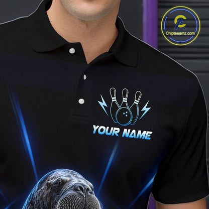 Black polo shirt with bowling design and customizable text, featuring a logo in the corner.