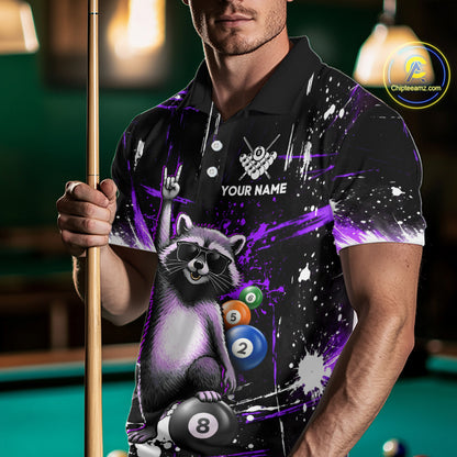 Custom Purple Funny Raccoon Billiard Shirt for Men 8 Ball & 9 Ball Pool Billiard Jersey Polo & 1/4-Zip BHT44