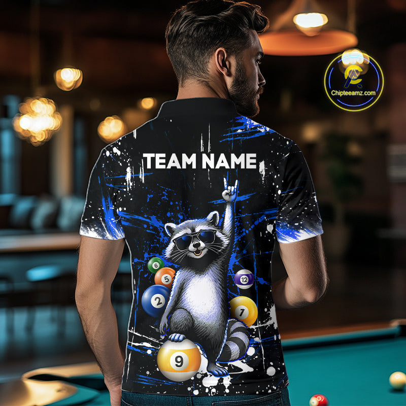 Person wearing a shirt with a raccoon design and 'Team Name' text in a pool hall setting.