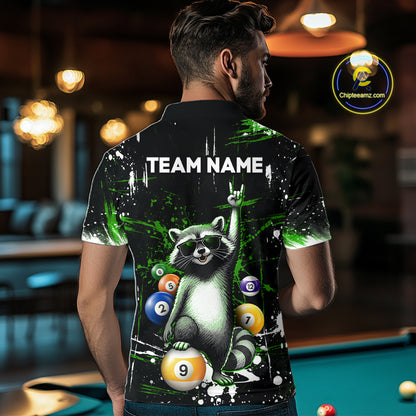 Custom Green Funny Raccoon Billiard Shirt for Men 8 Ball & 9 Ball Pool Billiard Jersey Polo & 1/4-Zip BHT44