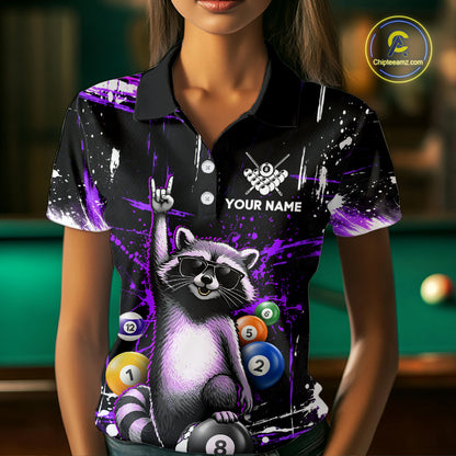 Custom Purple Funny Raccoon Billiard Shirt for Women 8 Ball & 9 Ball Pool Billiard Jersey Polo & 1/4-Zip BHT44