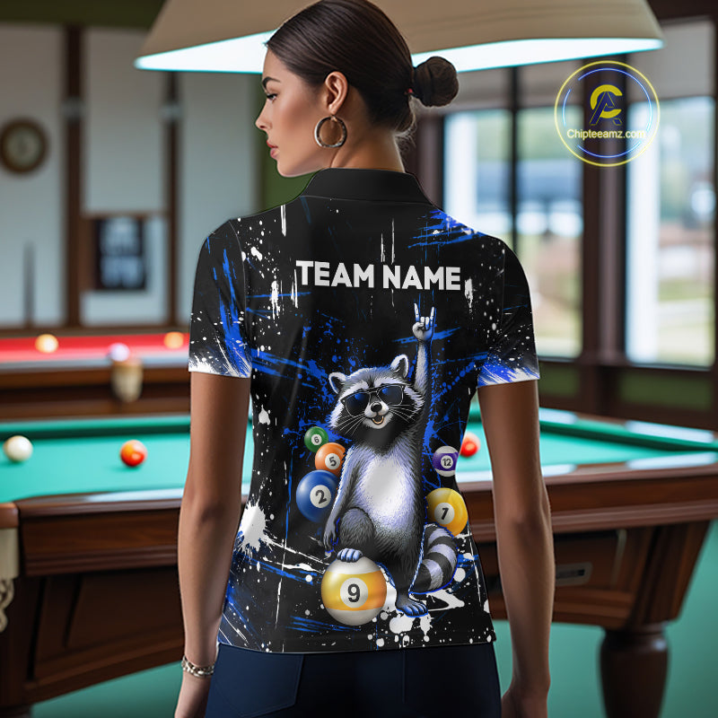 Custom Blue Funny Raccoon Billiard Shirt for Women 8 Ball & 9 Ball Pool Billiard Jersey Polo & 1/4-Zip BHT44
