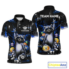 Load image into Gallery viewer, Black polo shirt with raccoon design and customizable text on a white background