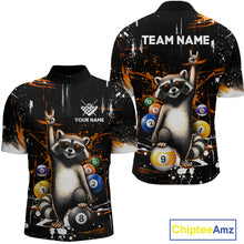 Load image into Gallery viewer, Black shirt with raccoon design and pool balls, customizable text, and Chiptee Amz branding.