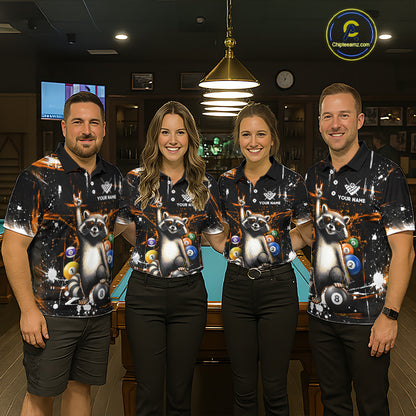 Four people wearing matching shirts with a raccoon and bowling ball design in a casual setting.