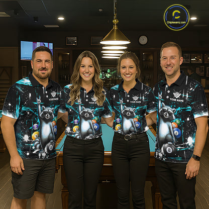 Custom Turquoise Funny Raccoon Billiard Shirt for Women 8 Ball & 9 Ball Pool Billiard Jersey Polo & 1/4-Zip BHT44