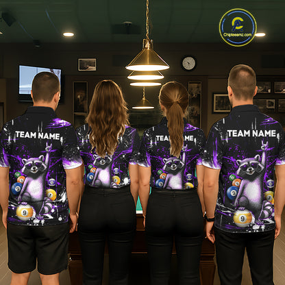 Custom Purple Funny Raccoon Billiard Shirt for Women 8 Ball & 9 Ball Pool Billiard Jersey Polo & 1/4-Zip BHT44
