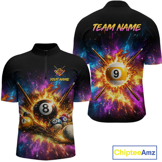 Black sports jersey with billiards design on front and back, featuring 'Team Name' and 'Your Name' text.