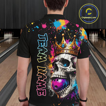 Load image into Gallery viewer, Person wearing a black bowling shirt with colorful design and 'Team Name' text in a bowling alley.