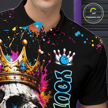 Load image into Gallery viewer, Black polo shirt with colorful designs and text, featuring a crown, skull, and bowling elements.