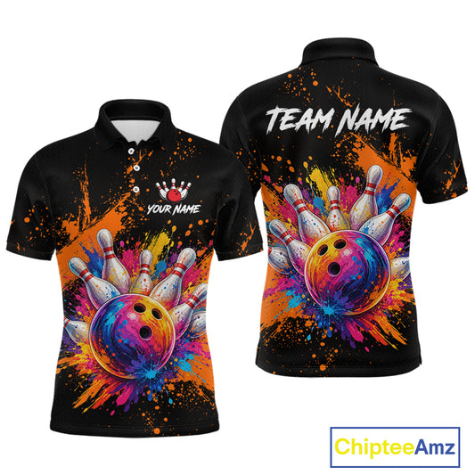 Front and back views of a black short-sleeve polo shirt with a colorful bowling-themed graphic print. The design features a large bowling ball and pins design on the front, and 'TEAM NAME' with a customizable name graphic on the back.
