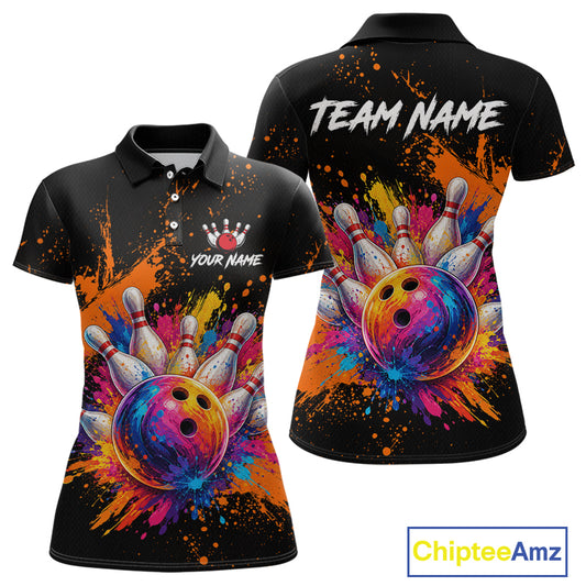 Black short-sleeve polo shirt shown from front and back with a colorful bowling-themed graphic featuring a multicolored bowling ball, bowling pins, paint splatters, and customizable text placeholders. A ChipteeAmz logo appears in the bottom right corner.