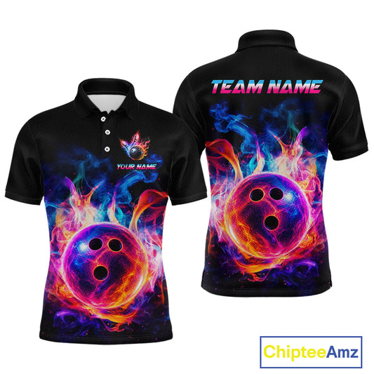 Black short-sleeve polo shirt shown from the front and back, featuring a vivid neon bowling ball and flame graphic in purple, blue, pink, and orange. The front has a small chest logo with placeholder text, and the back has large 'TEAM NAME' text across the shoulders.