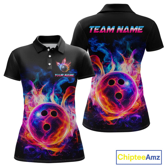 Black short-sleeve polo shirt shown from front and back on a white background, featuring a vivid neon bowling-ball graphic with purple, blue, pink, and orange flames. The front has a small chest logo and the back has 'TEAM NAME' across the shoulders.