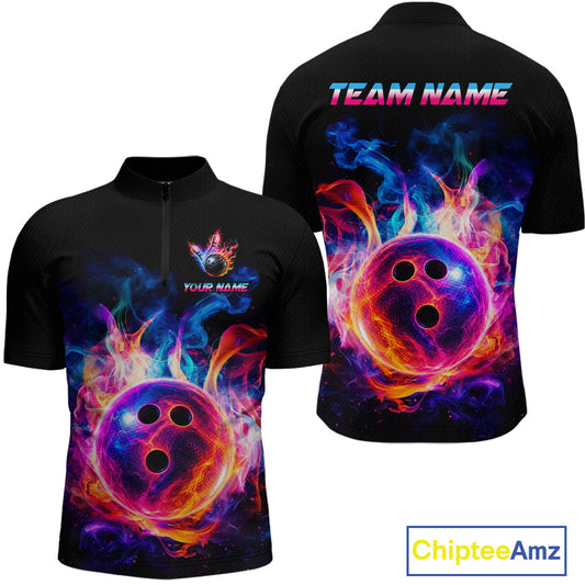 Black short-sleeve zip-up cycling jersey shown from the front and back, featuring a vibrant neon bowling ball graphic surrounded by colorful flames and smoke. The front has a small custom logo placeholder and the word 'YOUR NAME', while the back displays 'TEAM NAME' in a gradient font.