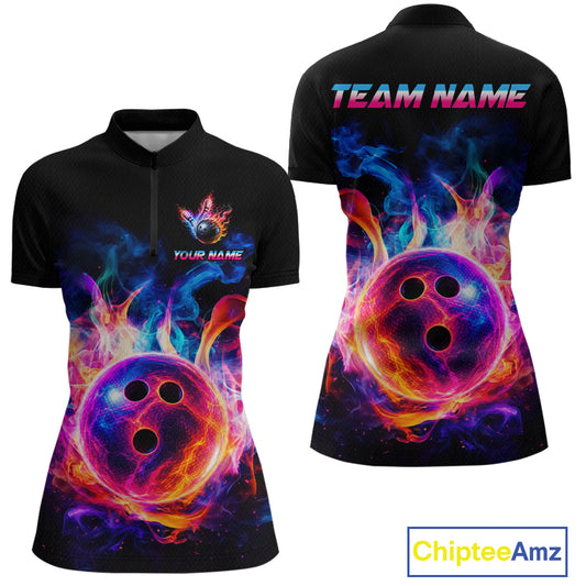 Black short-sleeve polo shirt shown from front and back, featuring a vivid neon bowling-ball flame graphic in purple, blue, pink, and orange, with customizable text areas on the chest and upper back. A ChipteeAmz logo appears in the bottom right corner.