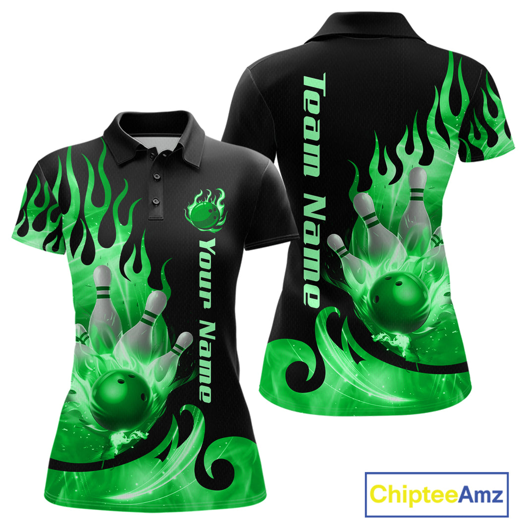 Green Flame Bowling Team Shirt for Women Bowling League Jersey Polo & 1/4 Zip Bowling Outfit QZT782