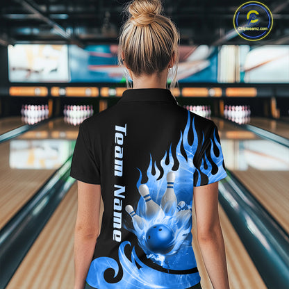 Blue Flame Bowling Team Shirt for Women Bowling League Jersey Polo & 1/4 Zip Bowling Outfit QZT782