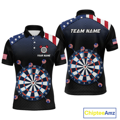 Front and back view of a custom patriotic dart polo shirt featuring an American flag dartboard graphic with personalized team name and player name.