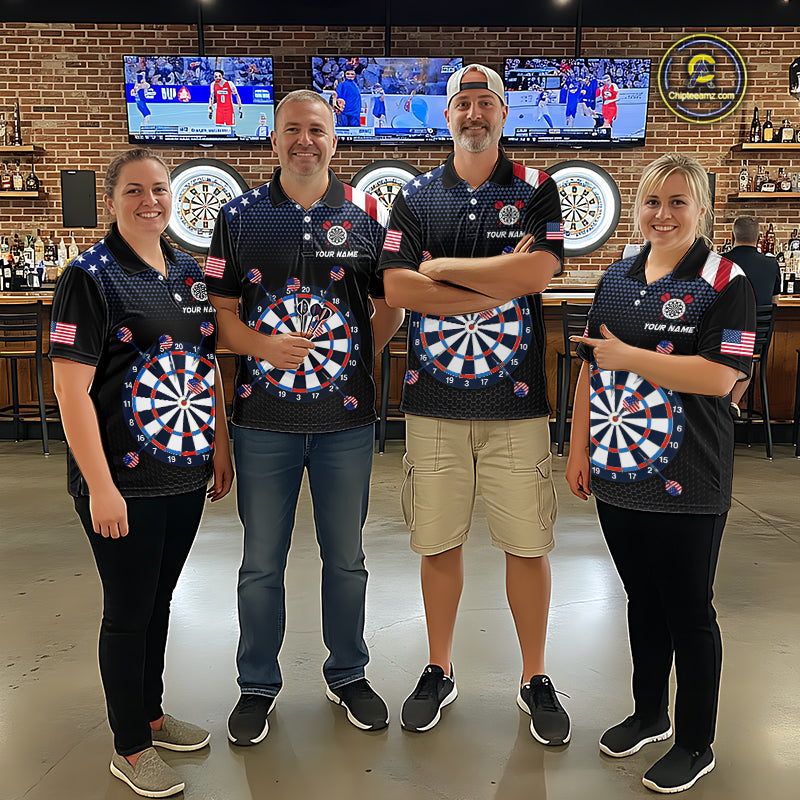 Group of four wearing matching custom patriotic dart polo shirts featuring American flag dartboard graphics in a professional dart room.