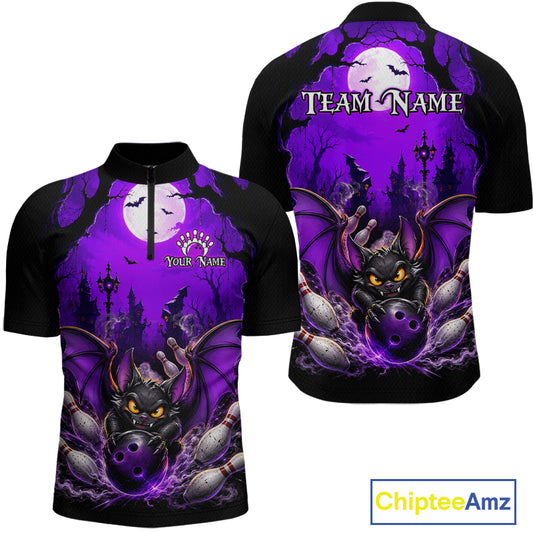 Front and back views of a black short-sleeve quarter-zip shirt with a purple Halloween-themed bat graphic, featuring bats, a full moon, haunted trees, and the text 'TEAM NAME' and 'YOUR NAME'.