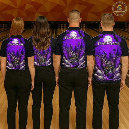 Four people standing with their backs to the camera in a bowling alley, wearing matching black short-sleeve shirts with a large purple bat graphic and customizable text on the back.