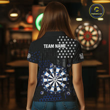 Load image into Gallery viewer, Back view of a female model wearing a custom black darts polo shirt featuring an grey American flag design, a large dartboard graphic, and 'TEAM NAME' text