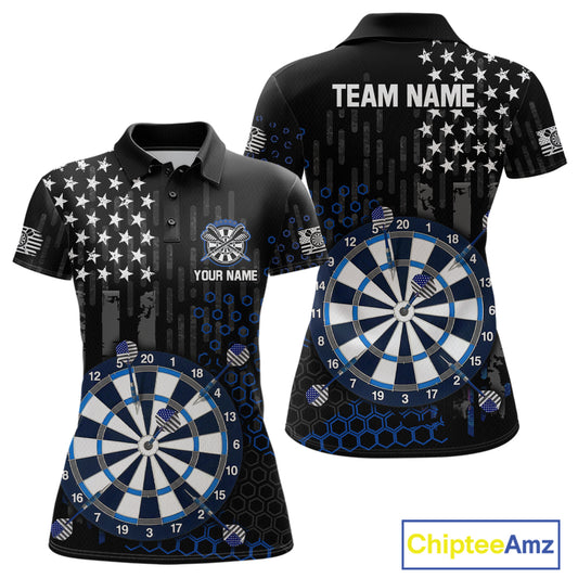 Custom darts polo shirt for women with American flag design and dartboard graphic, personalized team name and player name by ChipteeAmz