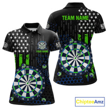 Load image into Gallery viewer, Custom darts polo shirt for women with green American flag design and dartboard graphic, personalized team name and player name by ChipteeAmz