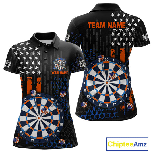 Custom darts polo shirt for women with American flag design and dartboard graphic, personalized team name and player name by ChipteeAmz