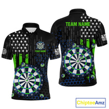 Load image into Gallery viewer, Custom darts polo shirt for men with green American flag design and dartboard graphic, personalized team name and player name by ChipteeAmz
