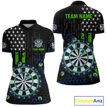 Load image into Gallery viewer, Custom darts quarter-zip jersey for women with green American flag design and dartboard graphic, personalized team name and player name by ChipteeAmz