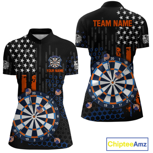 Custom darts quarter-zip jersey for women with American flag design and dartboard graphic, personalized team name and player name by ChipteeAmz